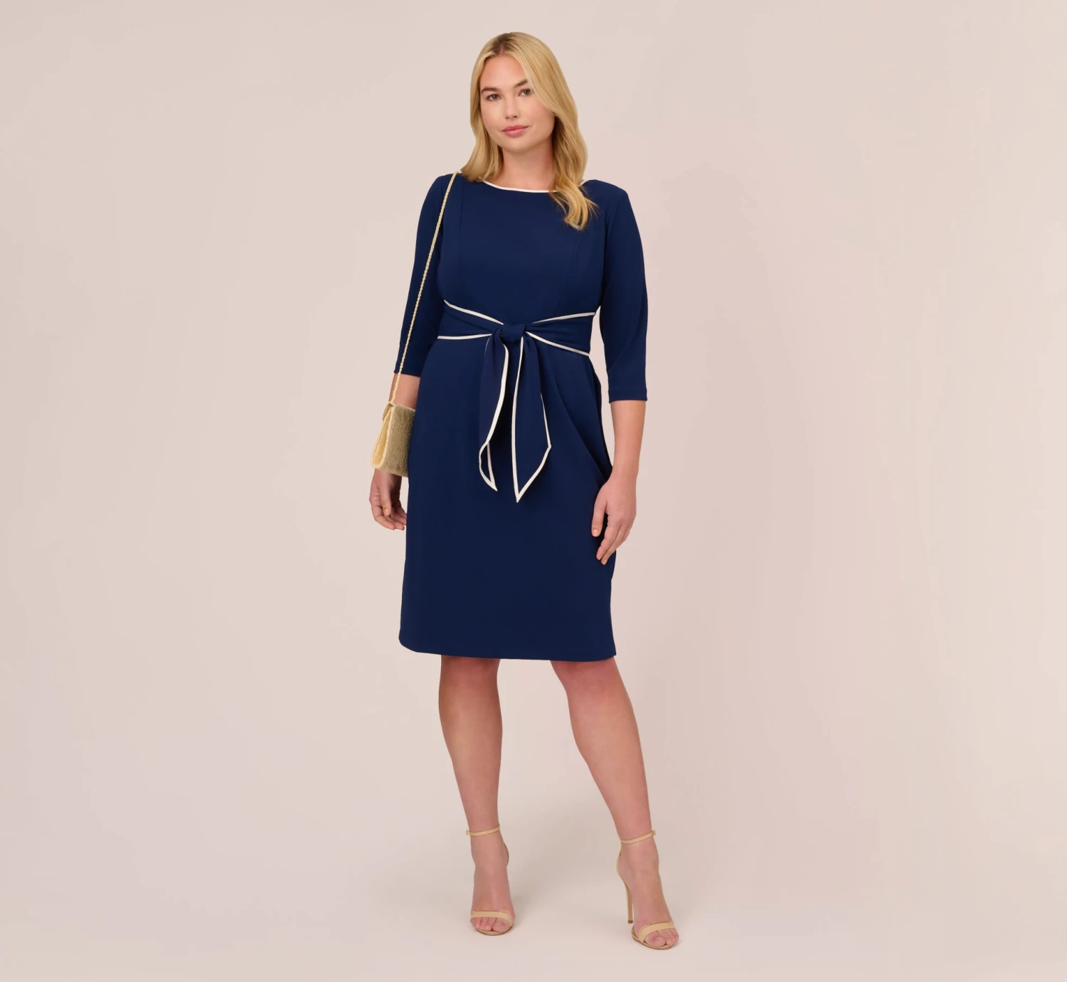 Adrianna Papell Plus Size Knit Crepe Tie Dress In Navy Sateen Ivory 2 Adrianna Papell Plus Size Knit Crepe Tie Dress In Navy Sateen Ivory - Image 2