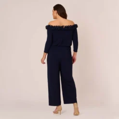 Adrianna Papell Plus Size Signature Blouson Jumpsuit In Navy 9 Adrianna Papell Plus Size Signature Blouson Jumpsuit In Navy -Glam Mirth Sales AP1D104323 AA412 Plus Back
