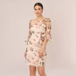 Adrianna Papell Floral Embroidered Bell Sleeve Sheath Dress In Blush Multi
