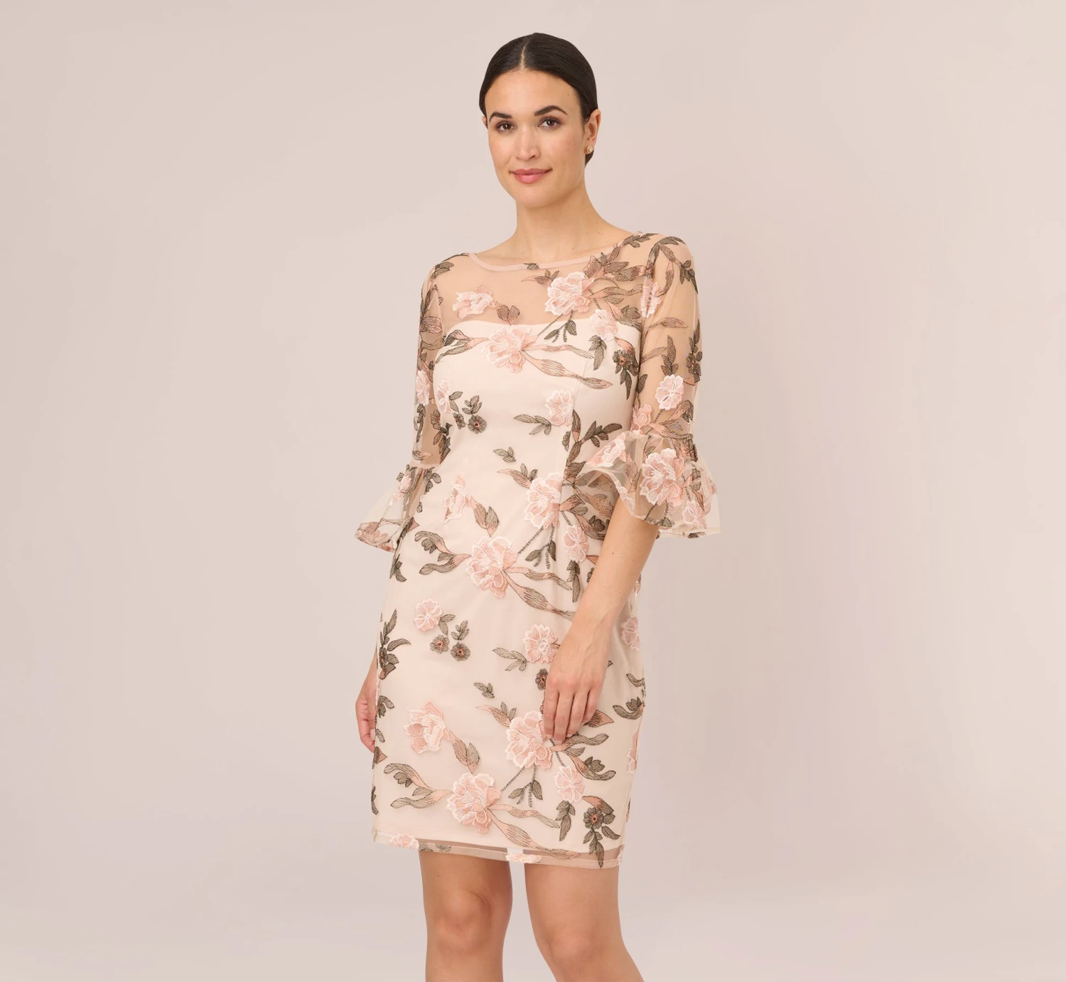 Adrianna Papell Floral Embroidered Bell Sleeve Sheath Dress In Blush Multi 1 Adrianna Papell Floral Embroidered Bell Sleeve Sheath Dress In Blush Multi
