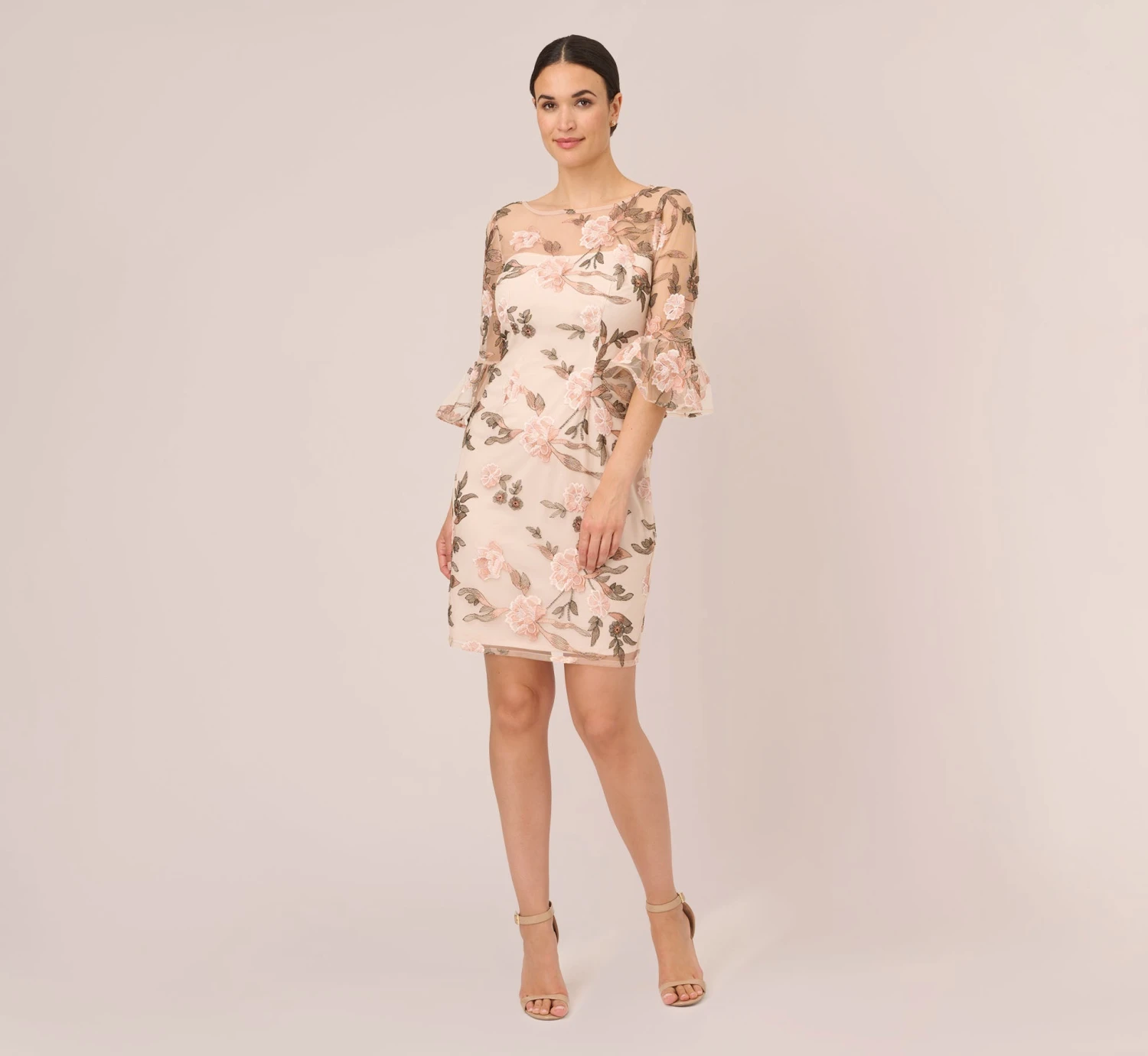 Adrianna Papell Floral Embroidered Bell Sleeve Sheath Dress In Blush Multi 7 Adrianna Papell Floral Embroidered Bell Sleeve Sheath Dress In Blush Multi - Image 7