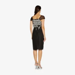 Adrianna Papell Floral Lattice Embroidered Short Sheath Dress In Black Ivory 6 Adrianna Papell Floral Lattice Embroidered Short Sheath Dress In Black Ivory -Glam Mirth Sales AP1D104398 AA019 Regular Back