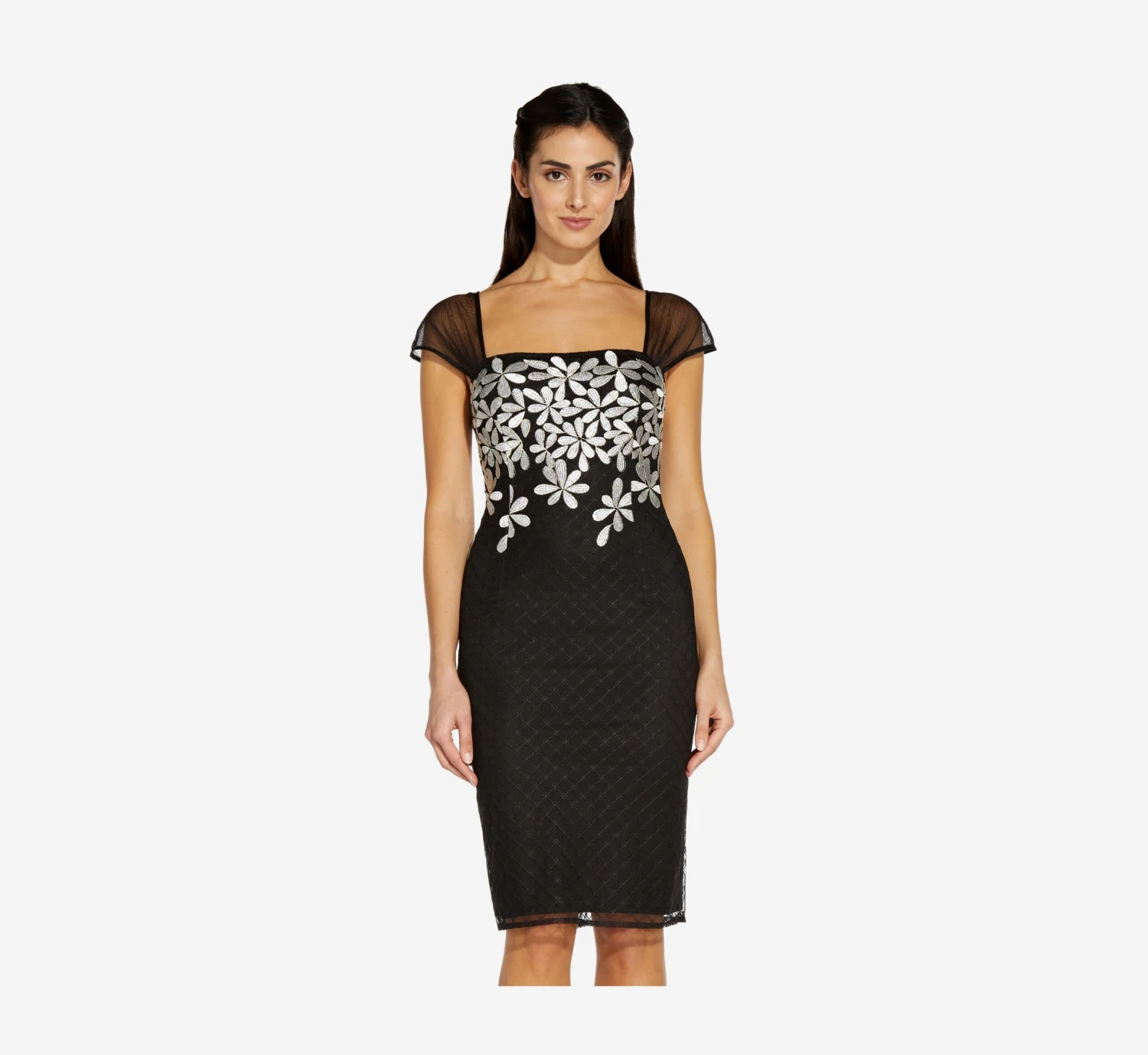 Adrianna Papell Floral Lattice Embroidered Short Sheath Dress In Black Ivory 1 Adrianna Papell Floral Lattice Embroidered Short Sheath Dress In Black Ivory