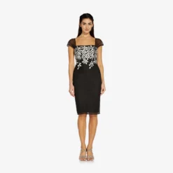 Adrianna Papell Floral Lattice Embroidered Short Sheath Dress In Black Ivory 7 Adrianna Papell Floral Lattice Embroidered Short Sheath Dress In Black Ivory -Glam Mirth Sales AP1D104398 AA019 Regular Side