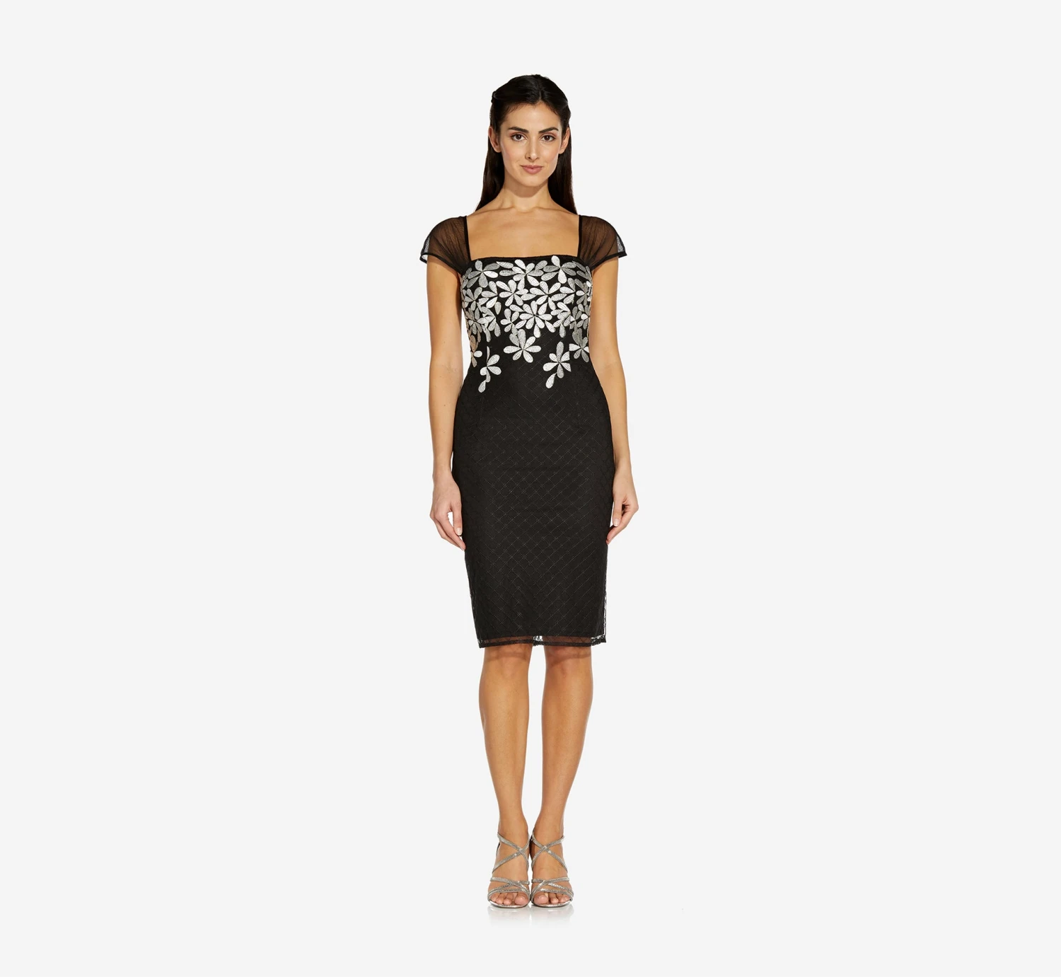 Adrianna Papell Floral Lattice Embroidered Short Sheath Dress In Black Ivory 4 Adrianna Papell Floral Lattice Embroidered Short Sheath Dress In Black Ivory - Image 4