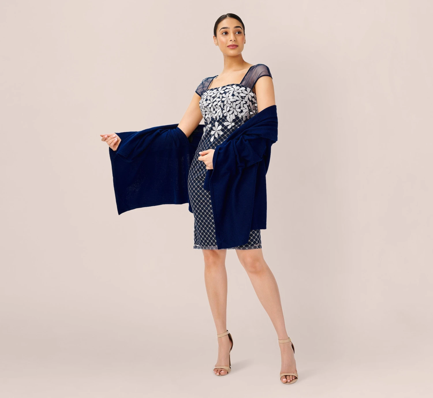 Adrianna Papell Floral Lattice Embroidered Short Sheath Dress In Navy Ivory 4 Adrianna Papell Floral Lattice Embroidered Short Sheath Dress In Navy Ivory - Image 4