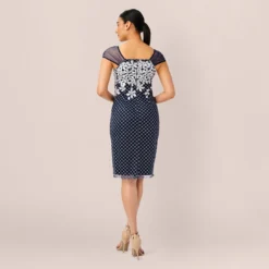 Adrianna Papell Floral Lattice Embroidered Short Sheath Dress In Navy Ivory 9 Adrianna Papell Floral Lattice Embroidered Short Sheath Dress In Navy Ivory -Glam Mirth Sales AP1D104398 BH980 Regular Back