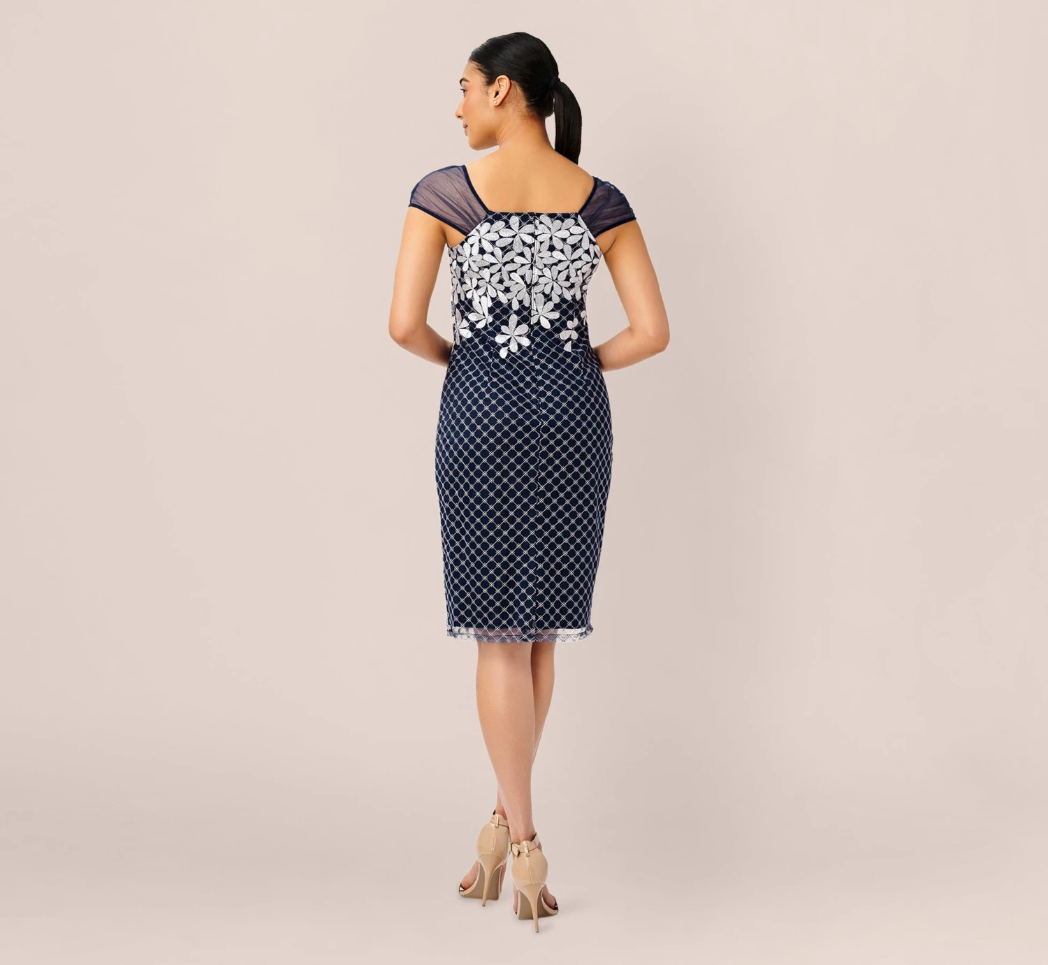 Adrianna Papell Floral Lattice Embroidered Short Sheath Dress In Navy Ivory 5 Adrianna Papell Floral Lattice Embroidered Short Sheath Dress In Navy Ivory - Image 5