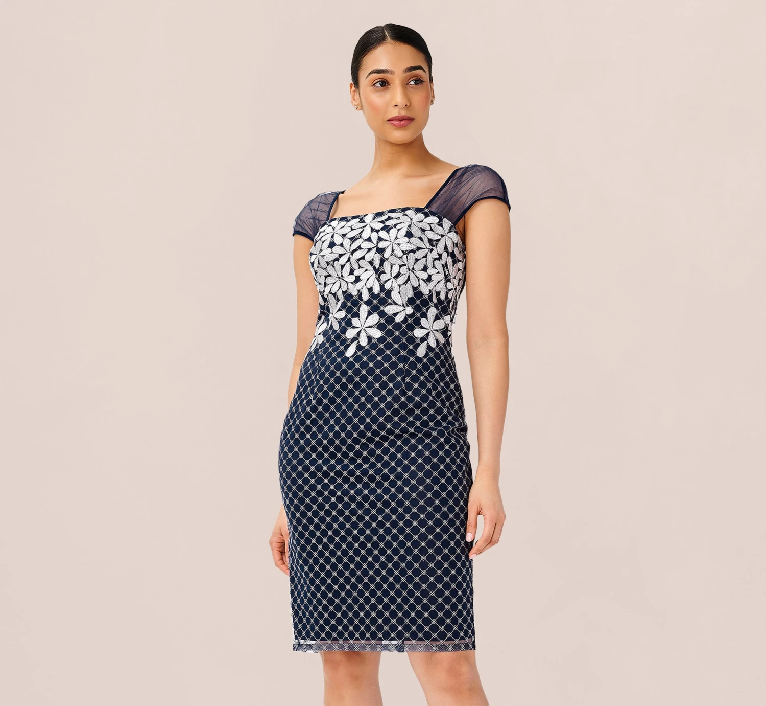 Adrianna Papell Floral Lattice Embroidered Short Sheath Dress In Navy Ivory 1 Adrianna Papell Floral Lattice Embroidered Short Sheath Dress In Navy Ivory