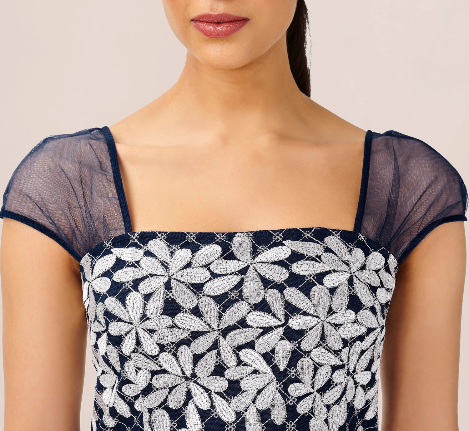 Adrianna Papell Floral Lattice Embroidered Short Sheath Dress In Navy Ivory 2 Adrianna Papell Floral Lattice Embroidered Short Sheath Dress In Navy Ivory - Image 2