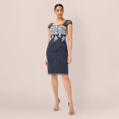 Adrianna Papell Floral Lattice Embroidered Short Sheath Dress In Navy Ivory 7 Adrianna Papell Floral Lattice Embroidered Short Sheath Dress In Navy Ivory -Glam Mirth Sales AP1D104398 BH980 Regular Side