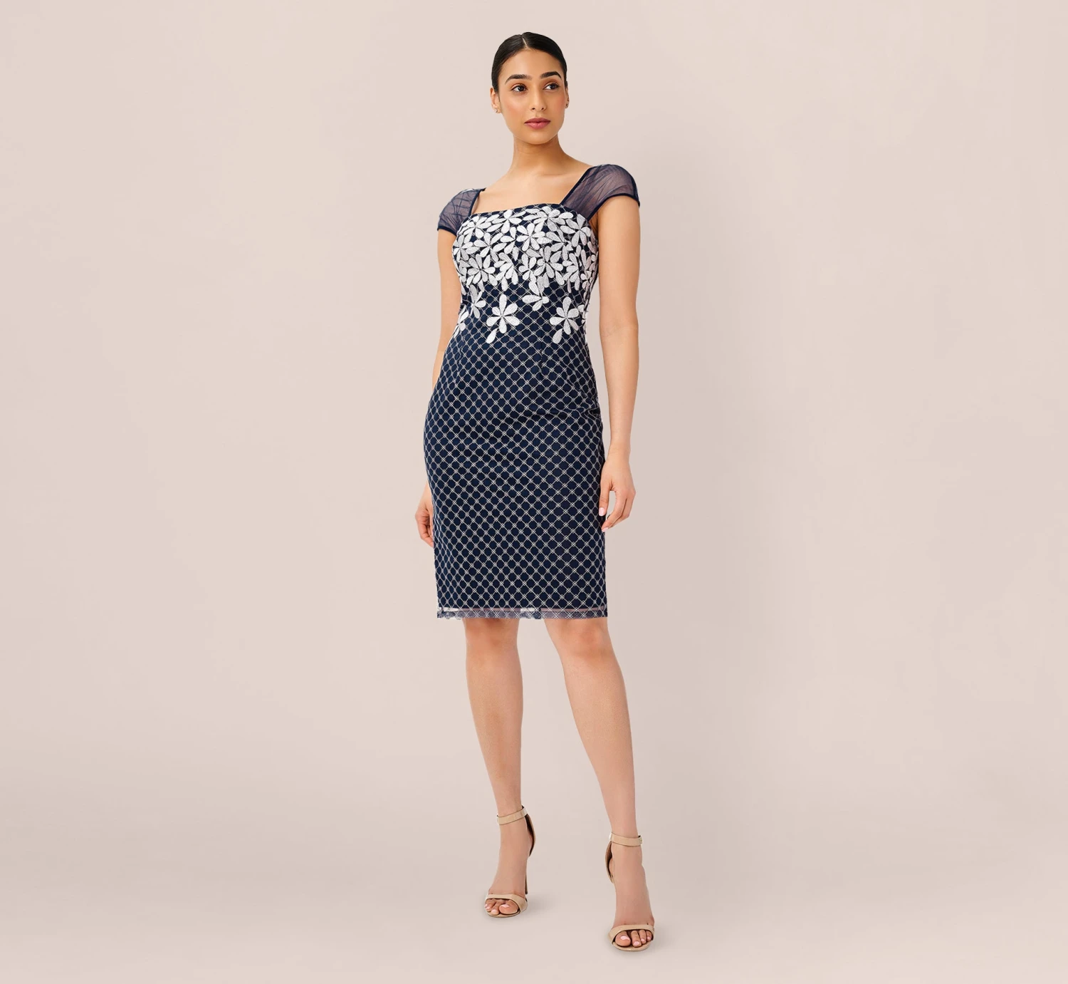 Adrianna Papell Floral Lattice Embroidered Short Sheath Dress In Navy Ivory 3 Adrianna Papell Floral Lattice Embroidered Short Sheath Dress In Navy Ivory - Image 3
