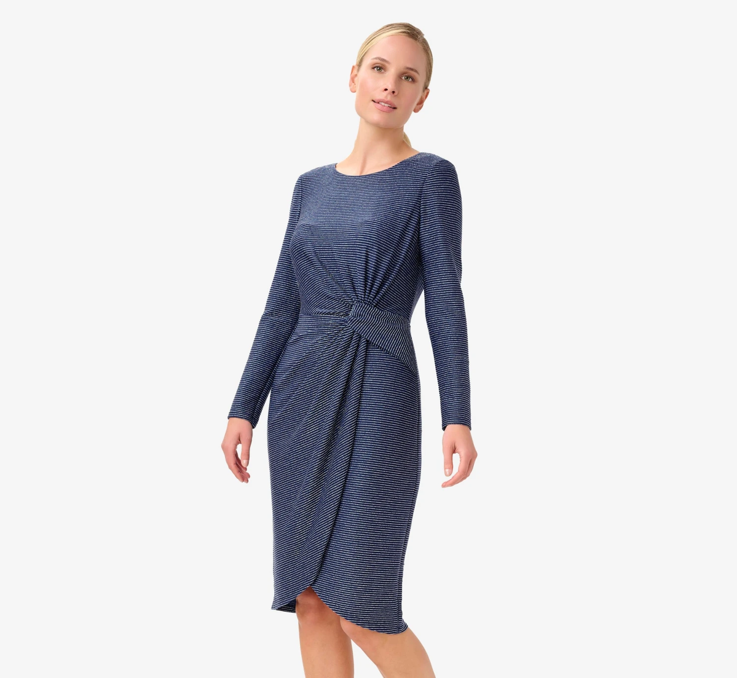 Adrianna Papell Metallic Striped Knit Dress In Navy 1 Adrianna Papell Metallic Striped Knit Dress In Navy