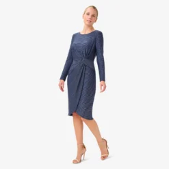 Adrianna Papell Metallic Striped Knit Dress In Navy 7 Adrianna Papell Metallic Striped Knit Dress In Navy -Glam Mirth Sales AP1D104419 AA412 Regular Side