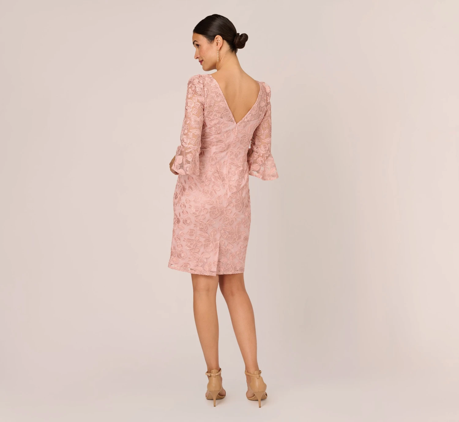 Adrianna Papell Bell Sleeve Rose Embroidered Sheath Dress In Dusty Rose 5 Adrianna Papell Bell Sleeve Rose Embroidered Sheath Dress In Dusty Rose - Image 5