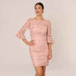 Adrianna Papell Bell Sleeve Rose Embroidered Sheath Dress In Dusty Rose