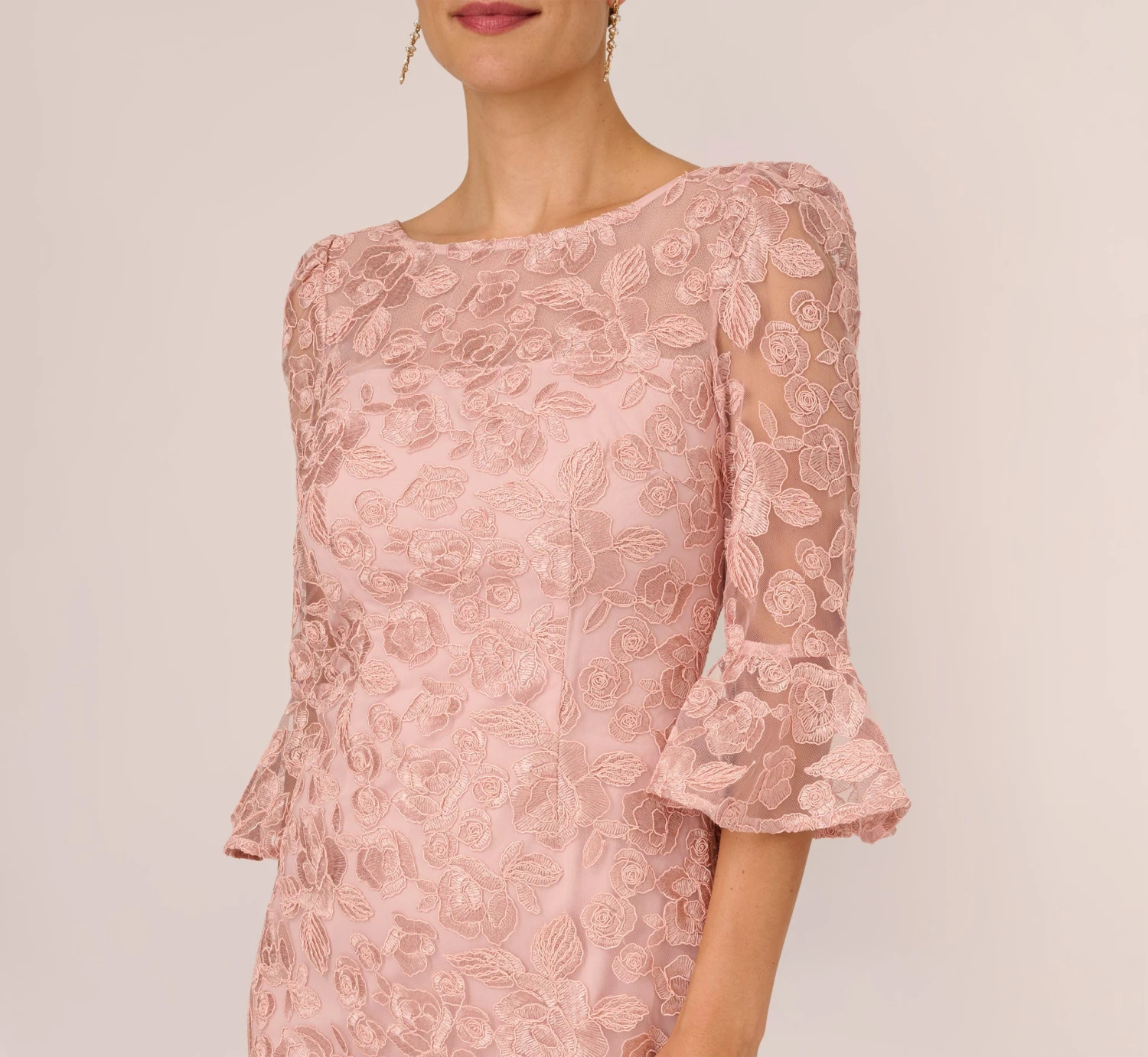 Adrianna Papell Bell Sleeve Rose Embroidered Sheath Dress In Dusty Rose 3 Adrianna Papell Bell Sleeve Rose Embroidered Sheath Dress In Dusty Rose - Image 3