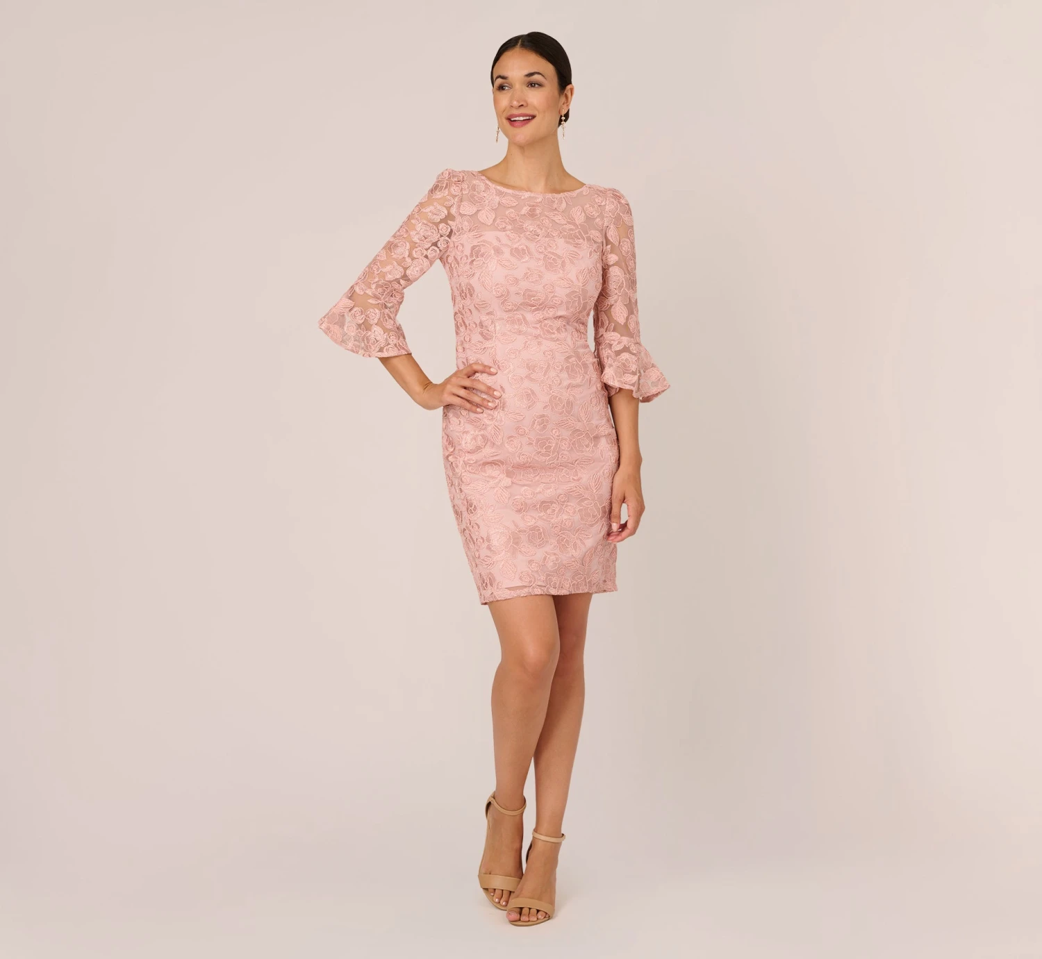 Adrianna Papell Bell Sleeve Rose Embroidered Sheath Dress In Dusty Rose 6 Adrianna Papell Bell Sleeve Rose Embroidered Sheath Dress In Dusty Rose - Image 6