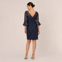 Adrianna Papell Bell Sleeve Rose Embroidered Sheath Dress In Midnight -Glam Mirth Sales AP1D104437 AB411 Regular Back