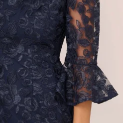 Adrianna Papell Bell Sleeve Rose Embroidered Sheath Dress In Midnight -Glam Mirth Sales AP1D104437 AB411 Regular Detail