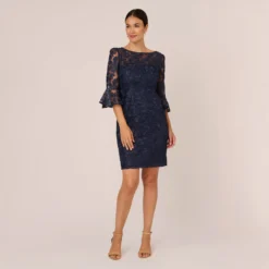 Adrianna Papell Bell Sleeve Rose Embroidered Sheath Dress In Midnight -Glam Mirth Sales AP1D104437 AB411 Regular Front