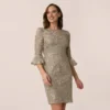 Adrianna Papell Bell Sleeve Rose Embroidered Sheath Dress In Marble