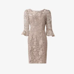Adrianna Papell Bell Sleeve Rose Embroidered Sheath Dress In Marble 9 Adrianna Papell Bell Sleeve Rose Embroidered Sheath Dress In Marble -Glam Mirth Sales AP1D104437 AE064 Regular Flat