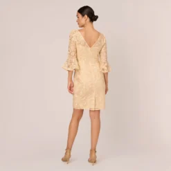 Adrianna Papell Bell Sleeve Rose Embroidered Sheath Dress In Light Champagne 11 Adrianna Papell Bell Sleeve Rose Embroidered Sheath Dress In Light Champagne -Glam Mirth Sales AP1D104437 AE273 Regular Back