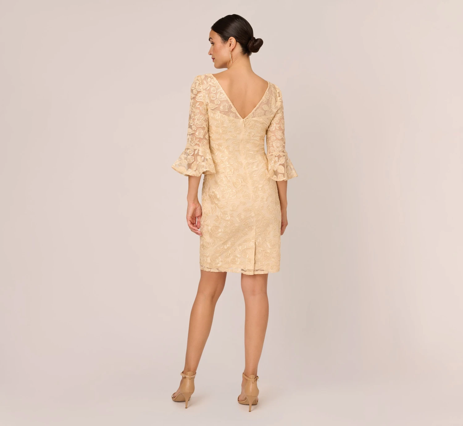 Adrianna Papell Bell Sleeve Rose Embroidered Sheath Dress In Light Champagne 5 Adrianna Papell Bell Sleeve Rose Embroidered Sheath Dress In Light Champagne - Image 5