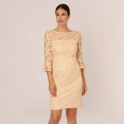 Adrianna Papell Bell Sleeve Rose Embroidered Sheath Dress In Light Champagne