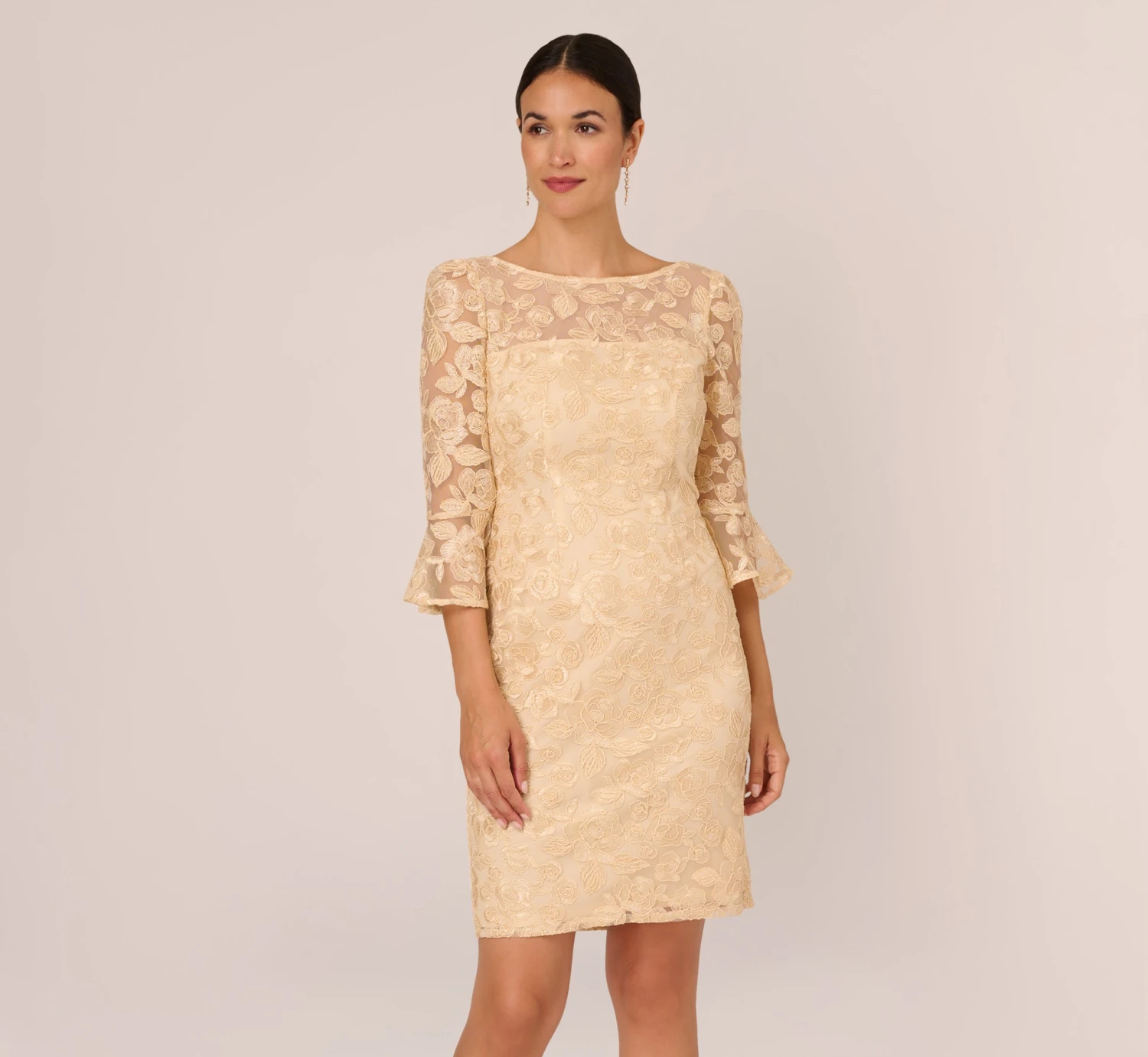 Adrianna Papell Bell Sleeve Rose Embroidered Sheath Dress In Light Champagne 1 Adrianna Papell Bell Sleeve Rose Embroidered Sheath Dress In Light Champagne
