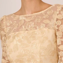 Adrianna Papell Bell Sleeve Rose Embroidered Sheath Dress In Light Champagne 9 Adrianna Papell Bell Sleeve Rose Embroidered Sheath Dress In Light Champagne -Glam Mirth Sales AP1D104437 AE273 Regular Detail