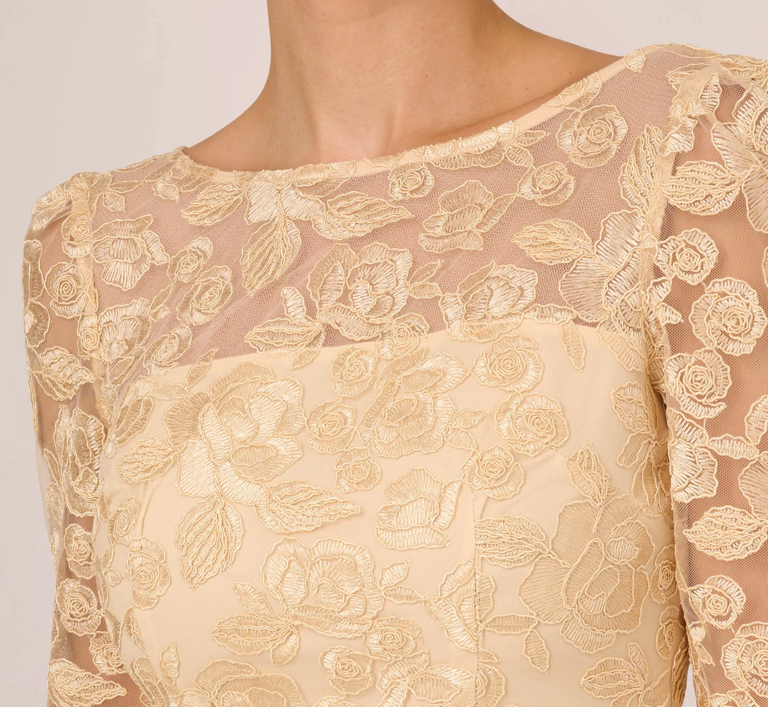 Adrianna Papell Bell Sleeve Rose Embroidered Sheath Dress In Light Champagne 3 Adrianna Papell Bell Sleeve Rose Embroidered Sheath Dress In Light Champagne - Image 3