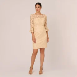 Adrianna Papell Bell Sleeve Rose Embroidered Sheath Dress In Light Champagne 12 Adrianna Papell Bell Sleeve Rose Embroidered Sheath Dress In Light Champagne -Glam Mirth Sales AP1D104437 AE273 Regular Front