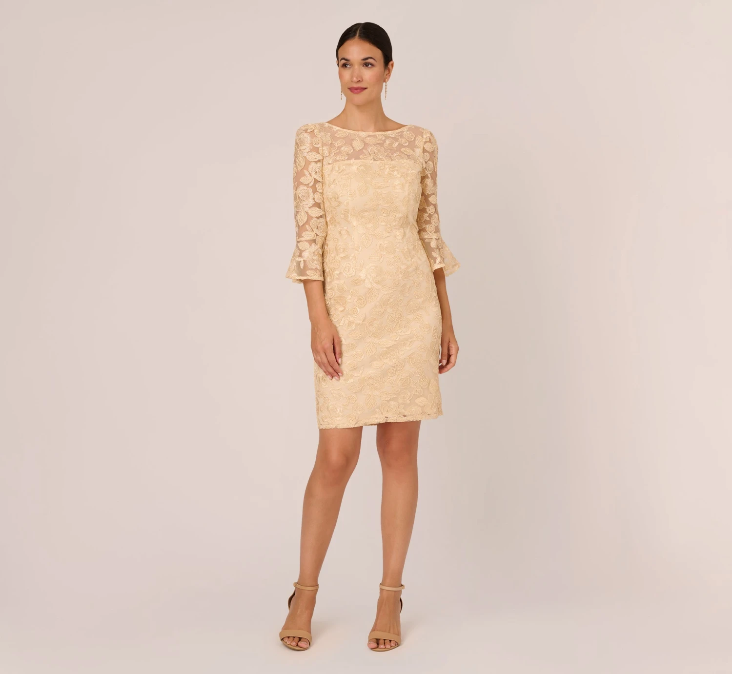 Adrianna Papell Bell Sleeve Rose Embroidered Sheath Dress In Light Champagne 6 Adrianna Papell Bell Sleeve Rose Embroidered Sheath Dress In Light Champagne - Image 6