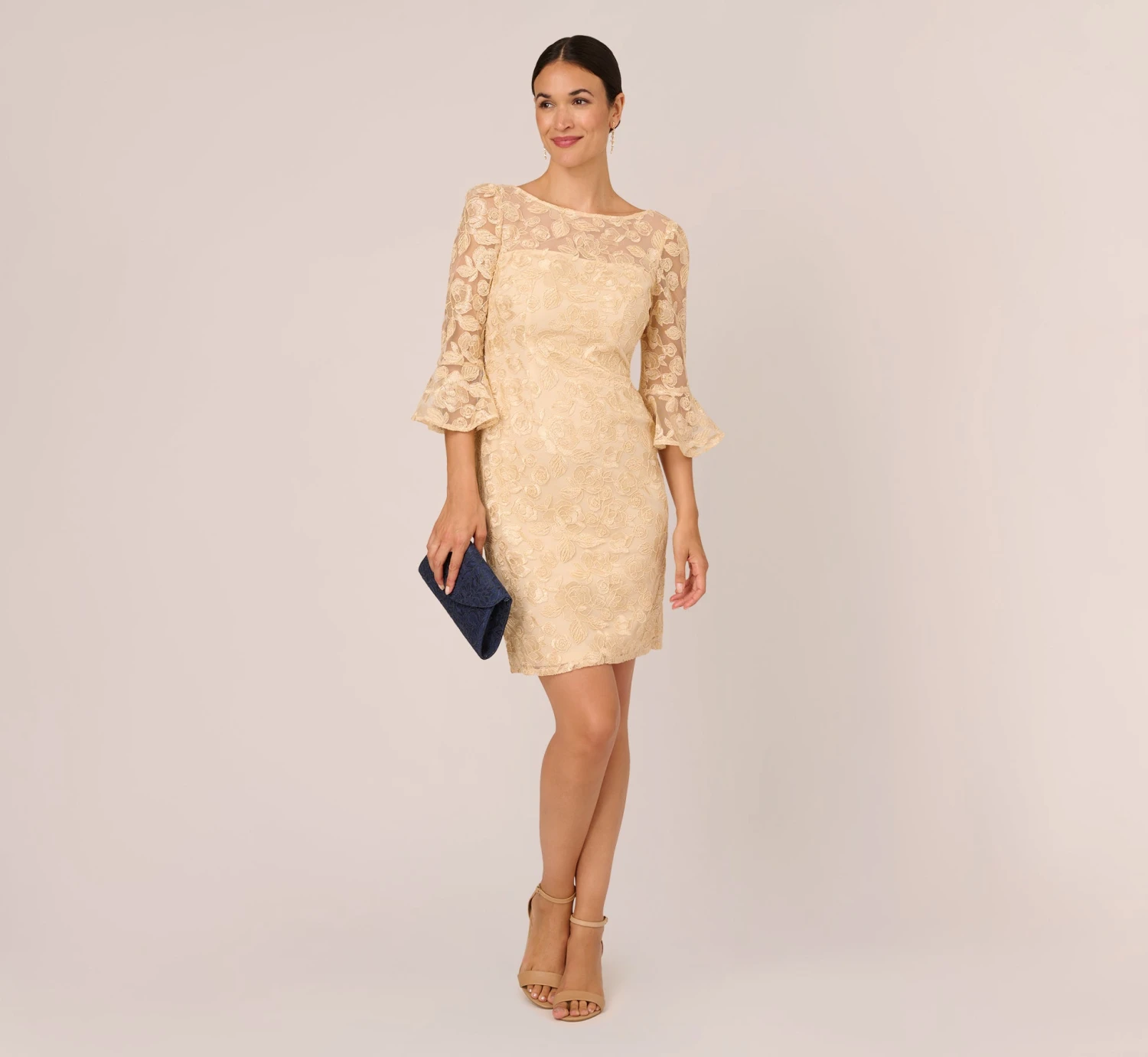 Adrianna Papell Bell Sleeve Rose Embroidered Sheath Dress In Light Champagne 2 Adrianna Papell Bell Sleeve Rose Embroidered Sheath Dress In Light Champagne - Image 2