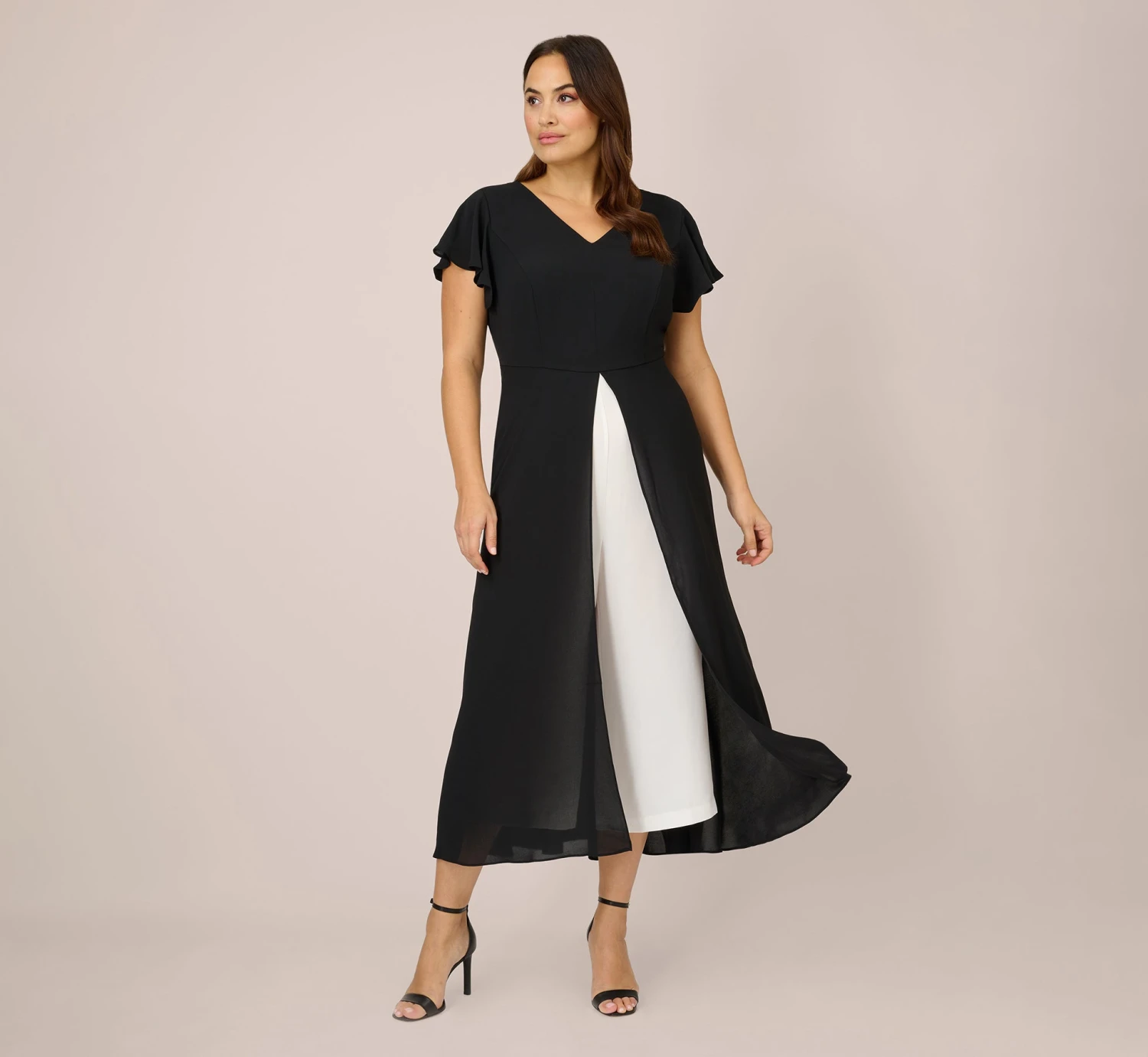 Adrianna Papell Plus Size Crepe Cropped Jumpsuit With Gauze Overlay In Black Ivory 2 Adrianna Papell Plus Size Crepe Cropped Jumpsuit With Gauze Overlay In Black Ivory - Image 2