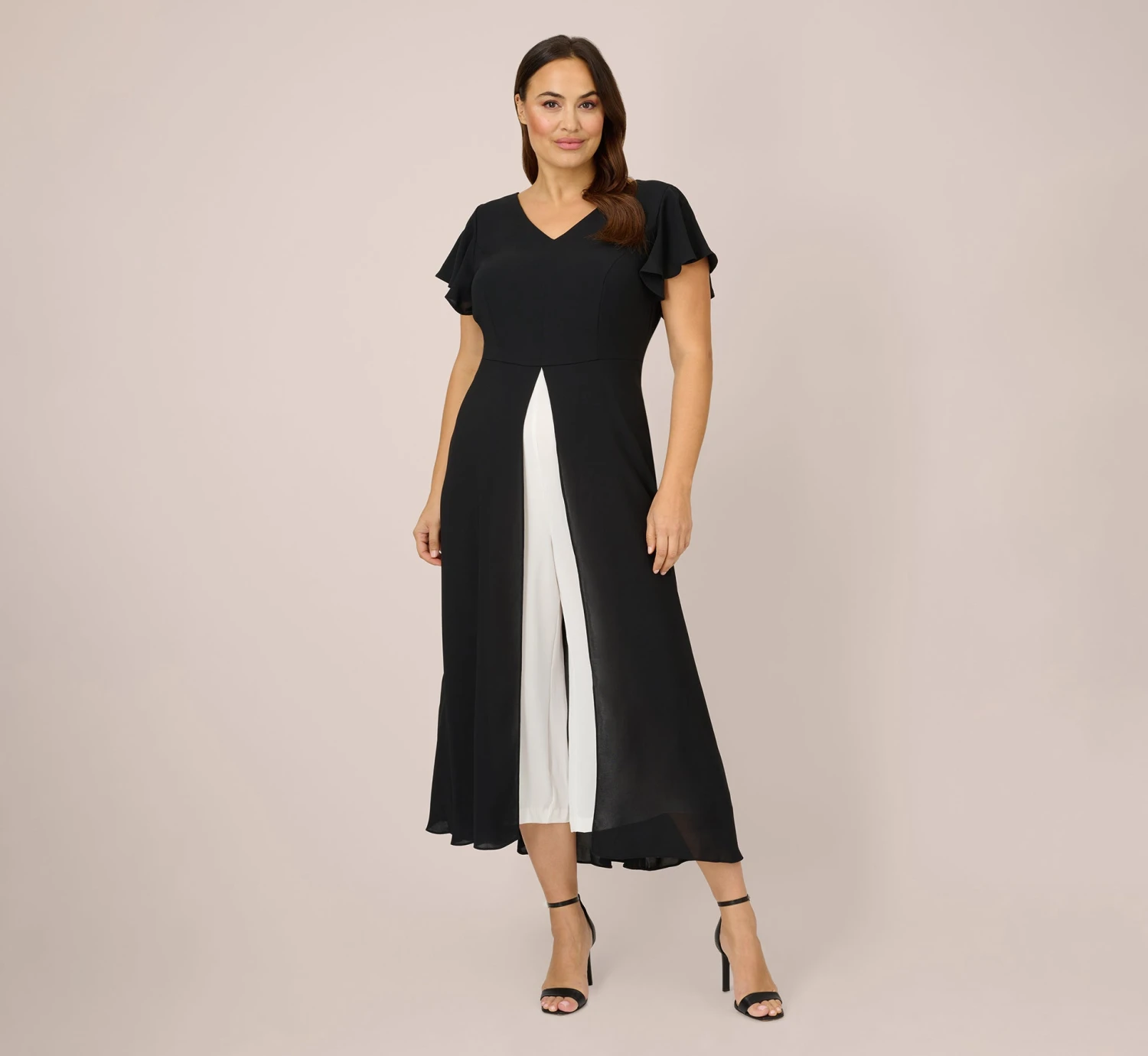 Adrianna Papell Plus Size Crepe Cropped Jumpsuit With Gauze Overlay In Black Ivory 1 Adrianna Papell Plus Size Crepe Cropped Jumpsuit With Gauze Overlay In Black Ivory