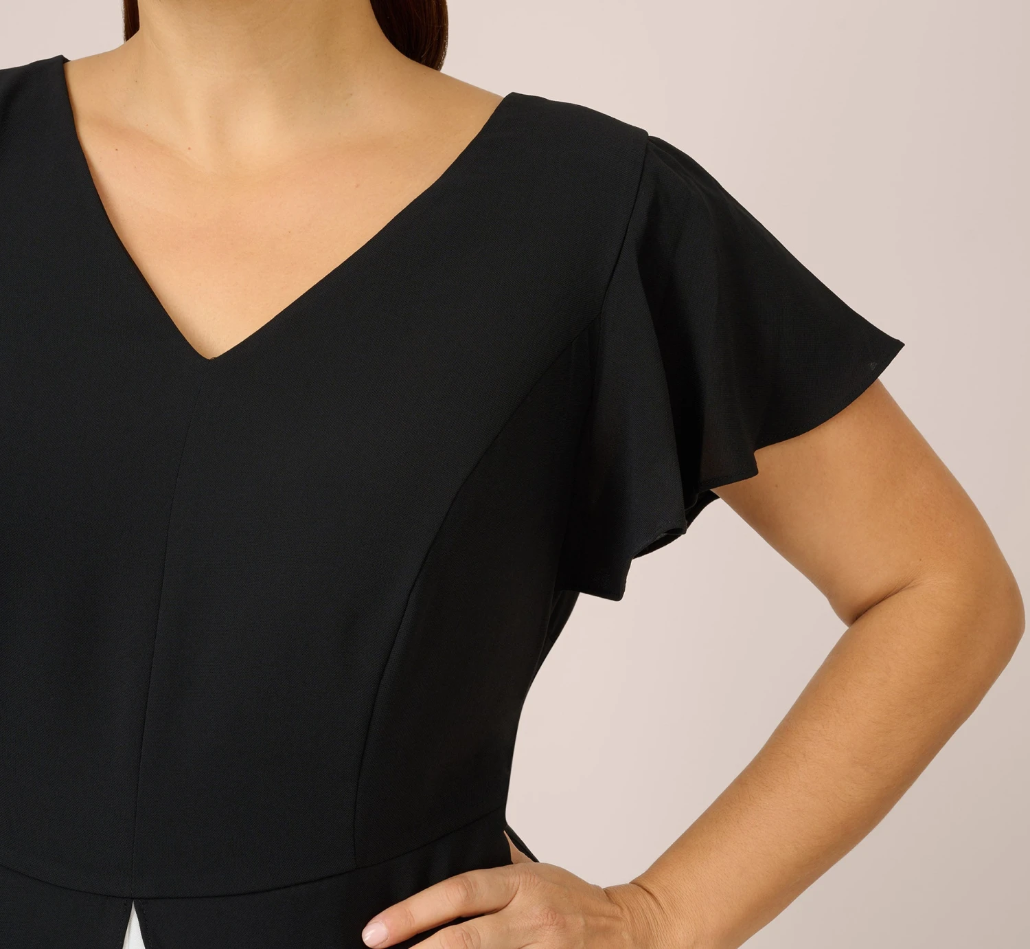 Adrianna Papell Plus Size Crepe Cropped Jumpsuit With Gauze Overlay In Black Ivory 3 Adrianna Papell Plus Size Crepe Cropped Jumpsuit With Gauze Overlay In Black Ivory - Image 3