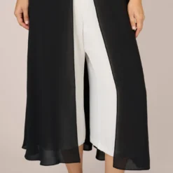 Adrianna Papell Plus Size Crepe Cropped Jumpsuit With Gauze Overlay In Black Ivory 10 Adrianna Papell Plus Size Crepe Cropped Jumpsuit With Gauze Overlay In Black Ivory -Glam Mirth Sales AP1D104439 AA019 Plus Lifestyle