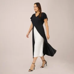 Adrianna Papell Plus Size Crepe Cropped Jumpsuit With Gauze Overlay In Black Ivory 11 Adrianna Papell Plus Size Crepe Cropped Jumpsuit With Gauze Overlay In Black Ivory -Glam Mirth Sales AP1D104439 AA019 Plus Side