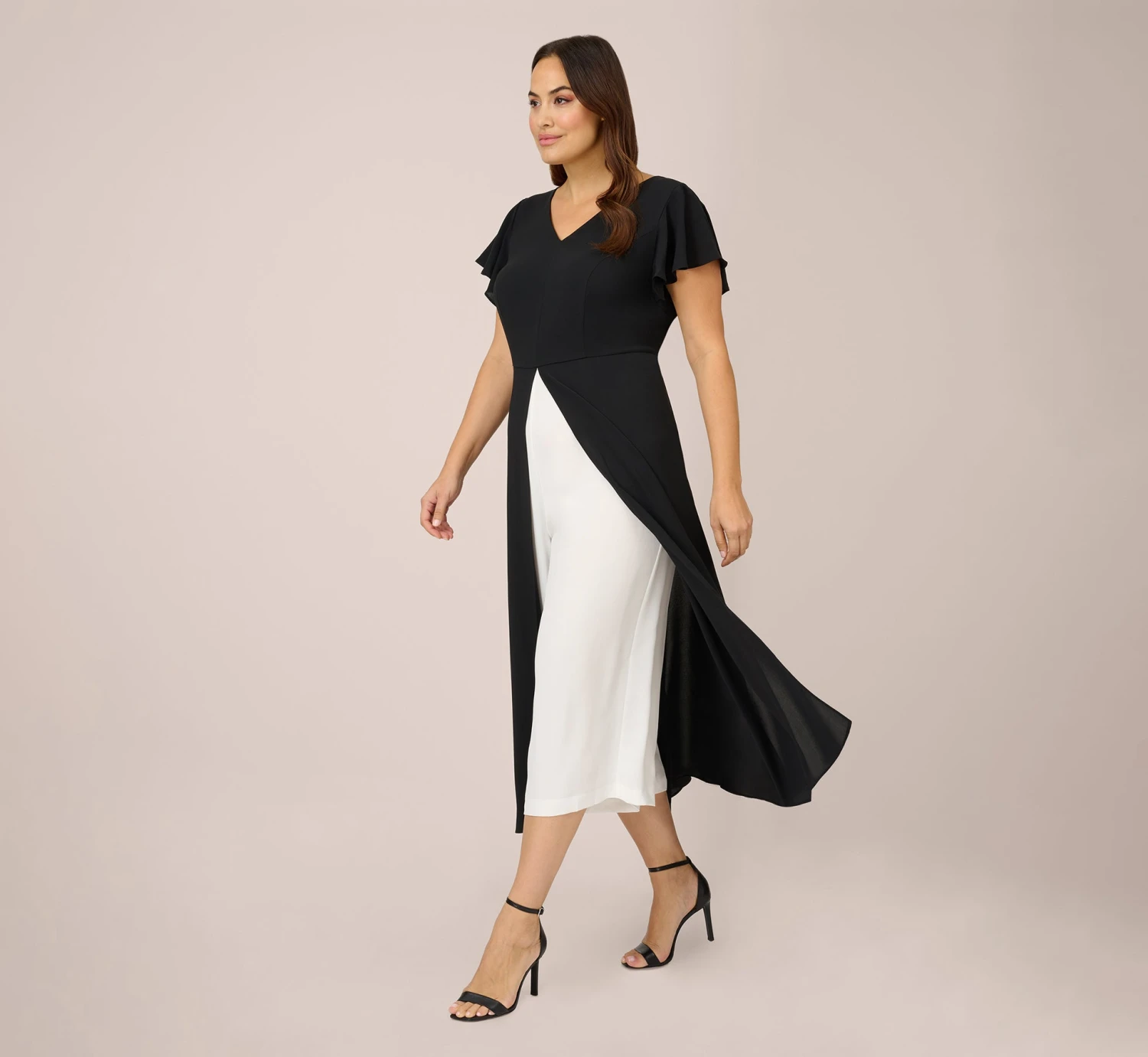 Adrianna Papell Plus Size Crepe Cropped Jumpsuit With Gauze Overlay In Black Ivory 6 Adrianna Papell Plus Size Crepe Cropped Jumpsuit With Gauze Overlay In Black Ivory - Image 6