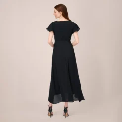 Adrianna Papell Crepe Cropped Jumpsuit With Gauze Overlay In Black Ivory 6 Adrianna Papell Crepe Cropped Jumpsuit With Gauze Overlay In Black Ivory -Glam Mirth Sales AP1D104439 AA019 Regular Back