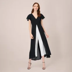Adrianna Papell Crepe Cropped Jumpsuit With Gauze Overlay In Black Ivory
