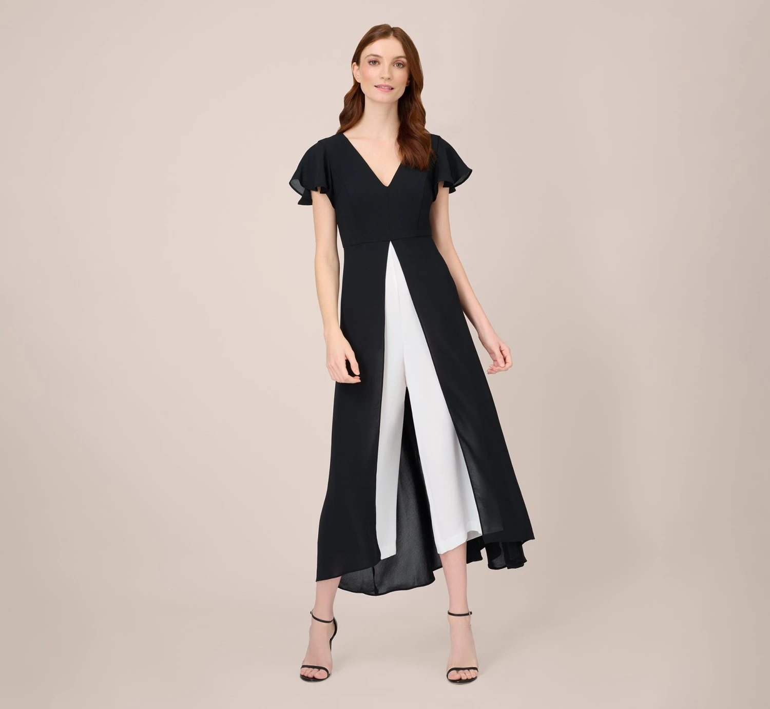 Adrianna Papell Crepe Cropped Jumpsuit With Gauze Overlay In Black Ivory 1 Adrianna Papell Crepe Cropped Jumpsuit With Gauze Overlay In Black Ivory