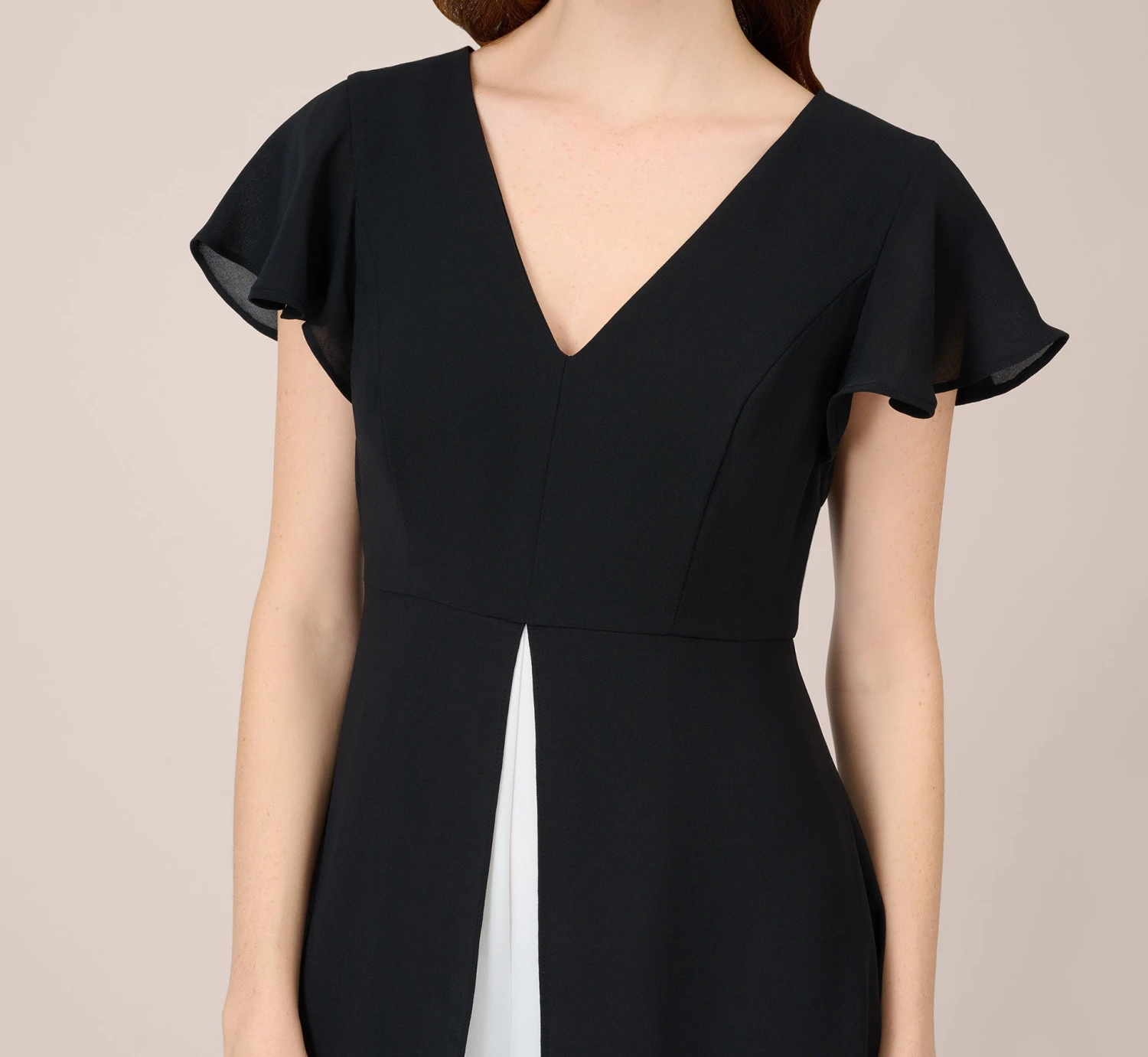 Adrianna Papell Crepe Cropped Jumpsuit With Gauze Overlay In Black Ivory 2 Adrianna Papell Crepe Cropped Jumpsuit With Gauze Overlay In Black Ivory - Image 2