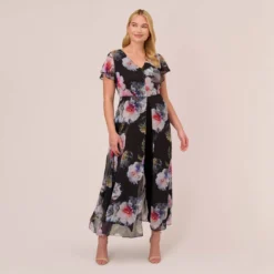 Adrianna Papell Plus Size Floral Printed Jumpsuit In Black Multi