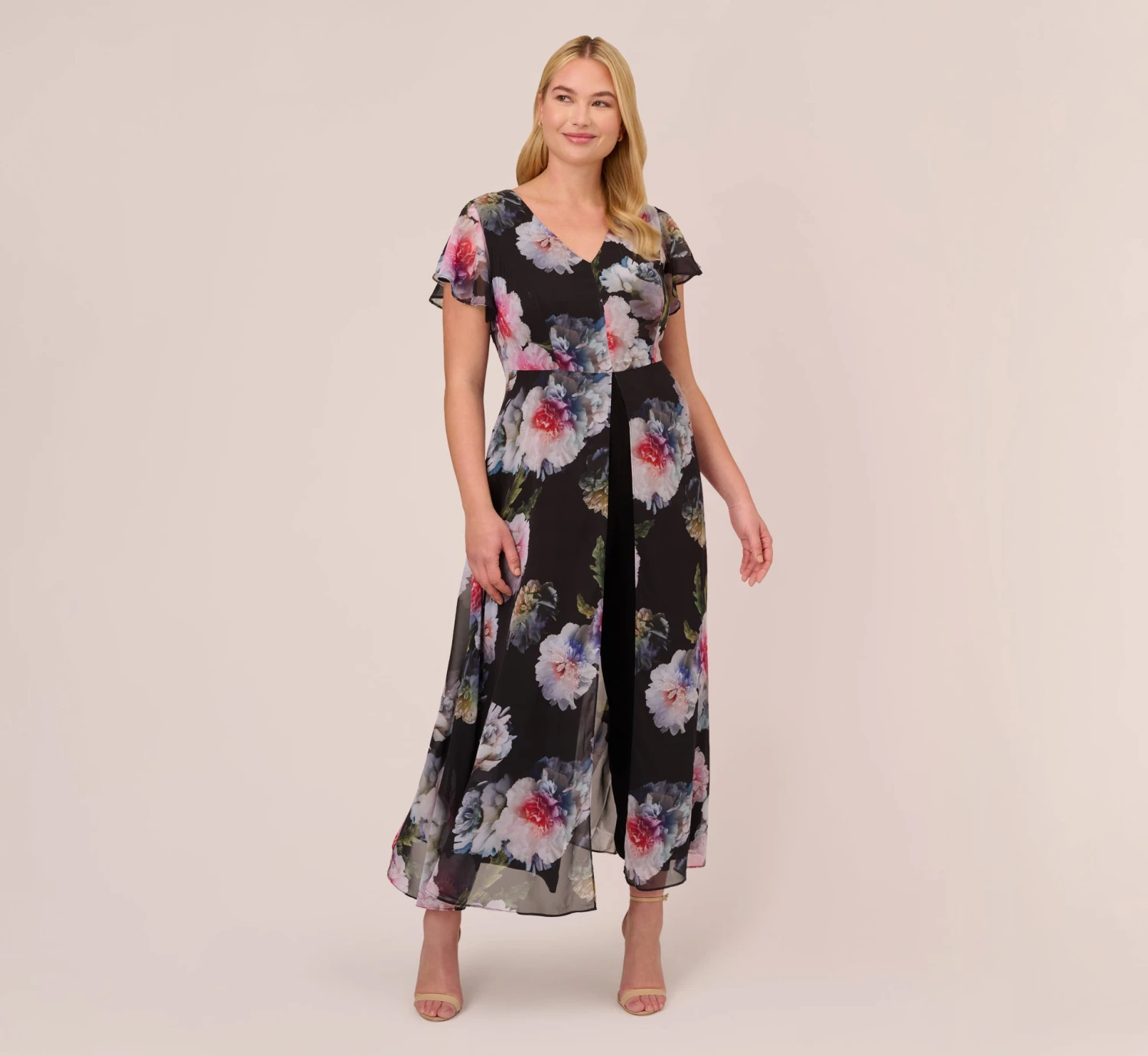 Adrianna Papell Plus Size Floral Printed Jumpsuit In Black Multi 1 Adrianna Papell Plus Size Floral Printed Jumpsuit In Black Multi