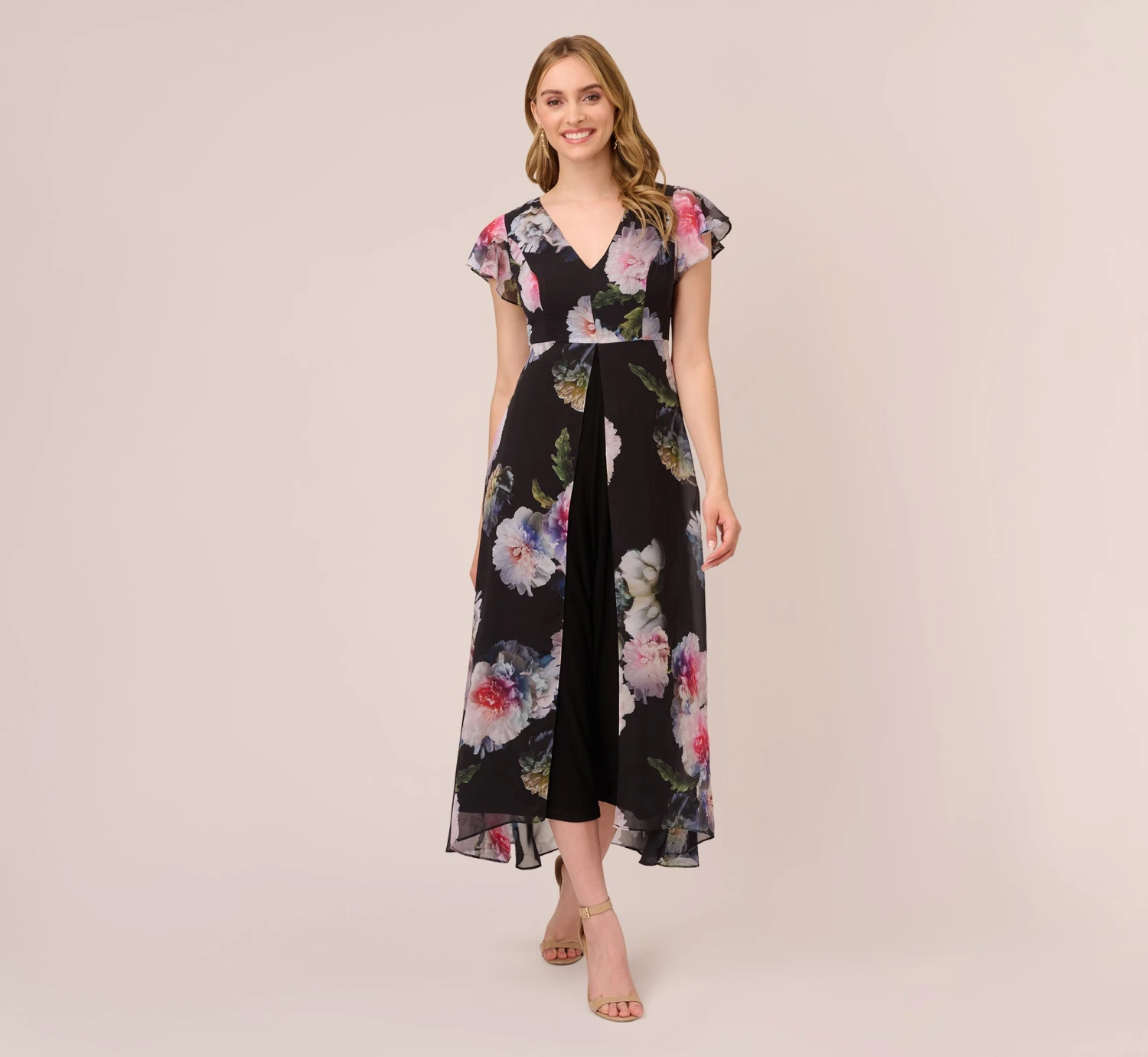 Adrianna Papell Floral Printed Jumpsuit In Black Multi 1 Adrianna Papell Floral Printed Jumpsuit In Black Multi