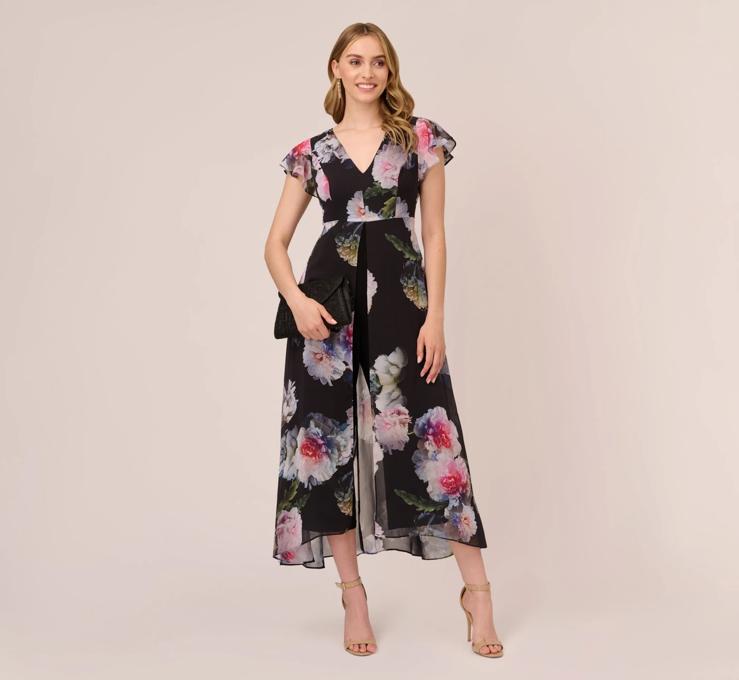 Adrianna Papell Floral Printed Jumpsuit In Black Multi 2 Adrianna Papell Floral Printed Jumpsuit In Black Multi - Image 2